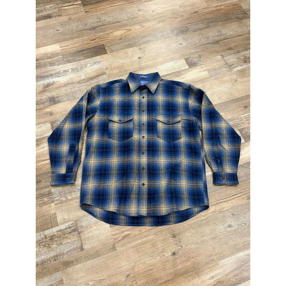 Vintage Pendleton Outdoorsman Wool Plaid Shirt Blue Mens L LONG USA Button Down
